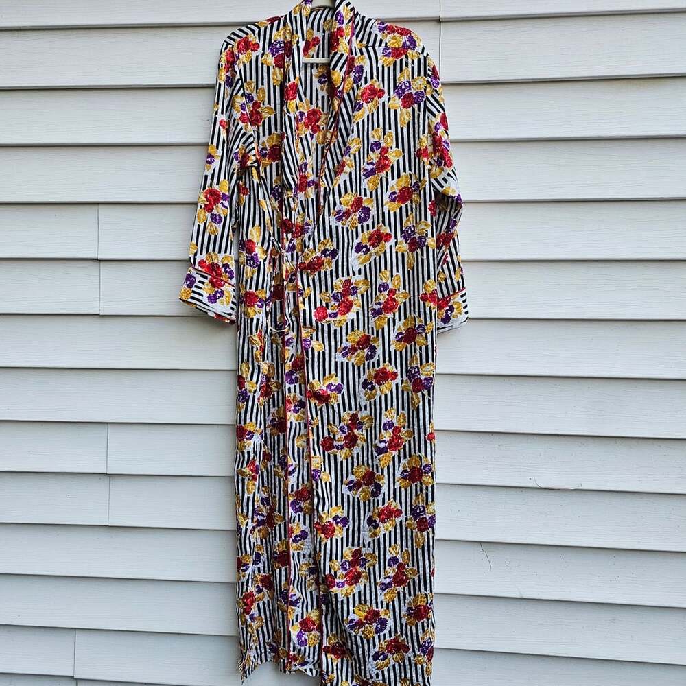 Vintage 70s 80s Satin Jacquard Floral Stripe Peignoir Robe Maxi